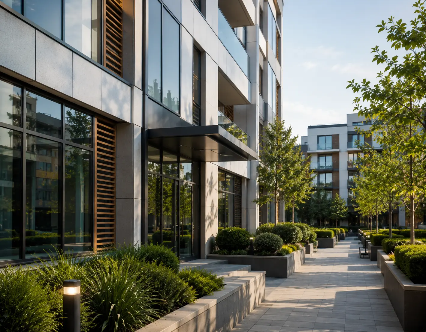 Modern commercial and residential property exterior with contemporary architecture and professional maintenance environment