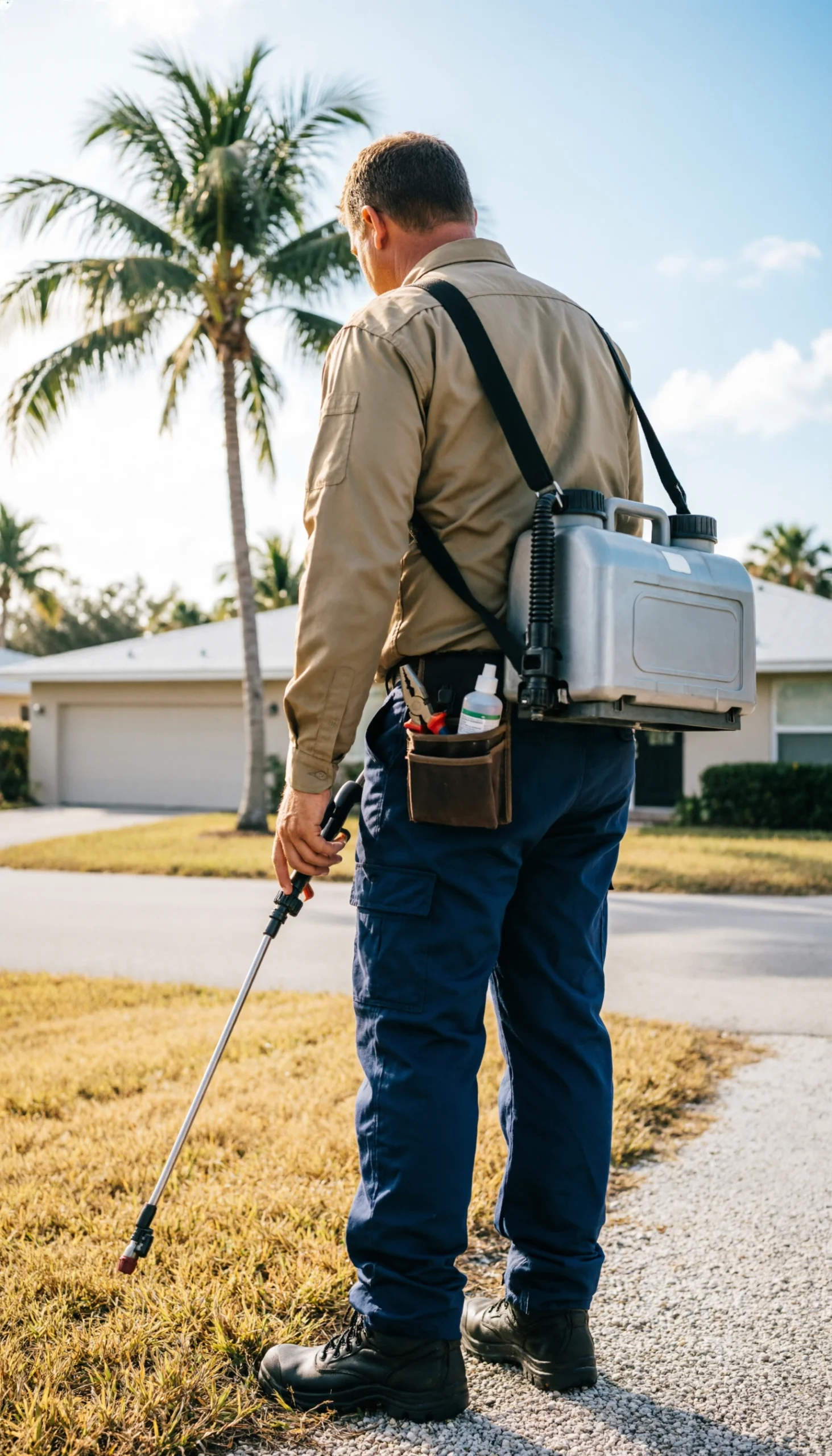 Technician in a khaki work shirt carrying a backpack sprayer while treating the grass edge of a suburban lawn.