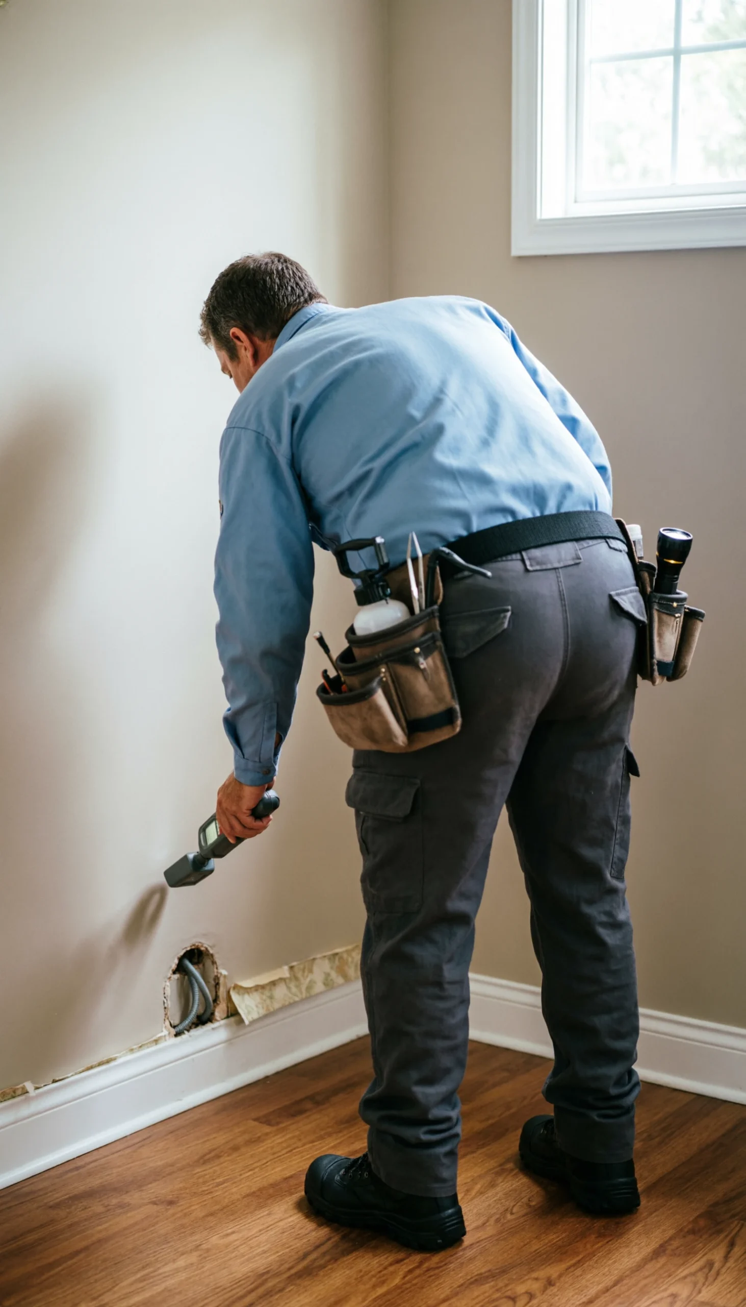 Technician in a light blue shirt inspecting a wall with a handheld meter near a damaged baseboard inside a home.