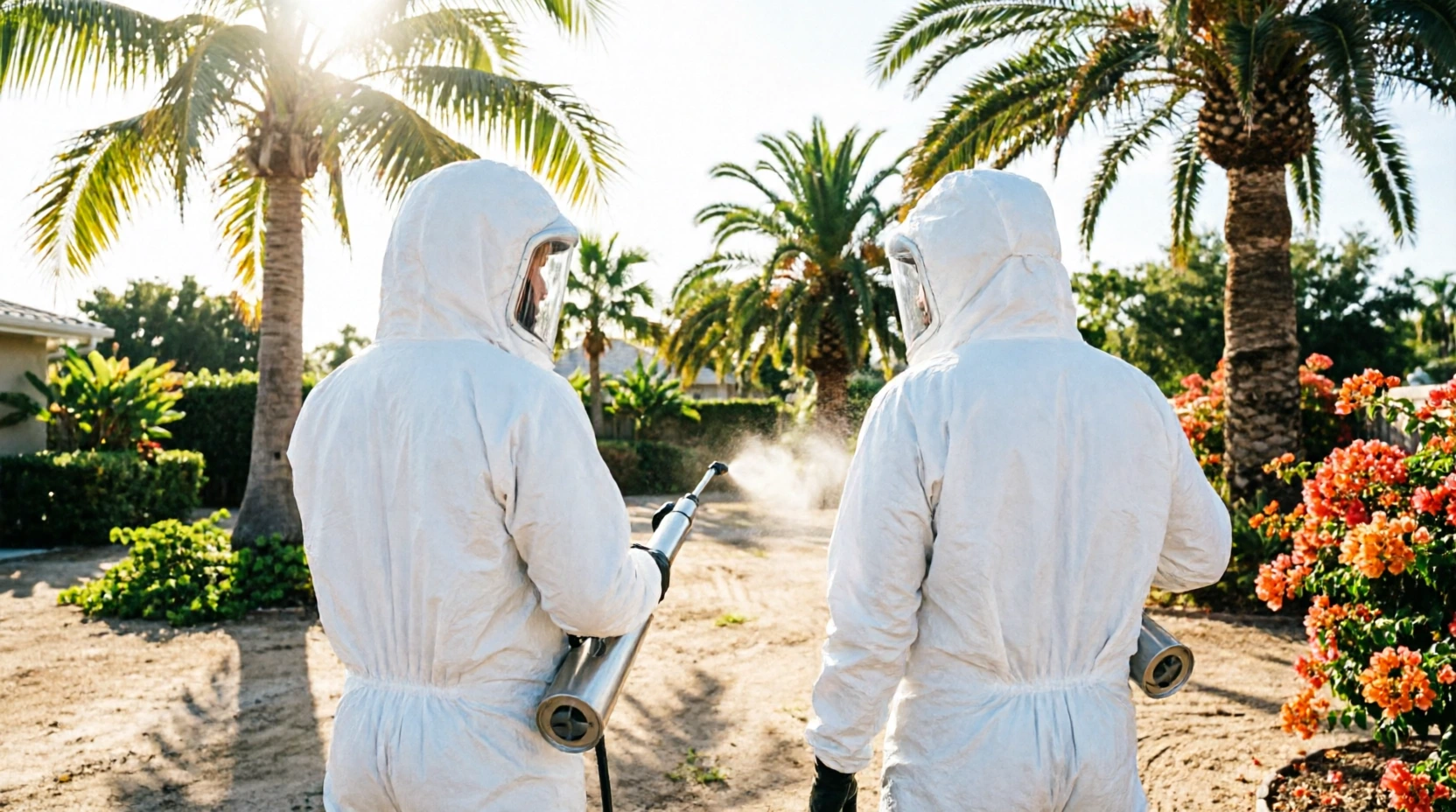 Two technicians in white protective suits spraying a fine mist along a sandy path lined with palm trees and blooming shrubs.